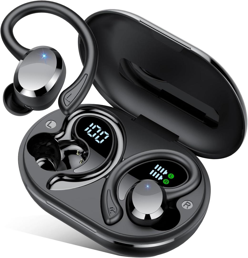 Wireless Earbuds, 2025 New Bluetooth 5.4 Headphones Sport Earphones with 68Hrs Playtime LED Display ENC Noise Cancelling Mic, IPX7 Waterproof Over Ear Ear Buds with Hook for Sports/Running (Deep Black)
