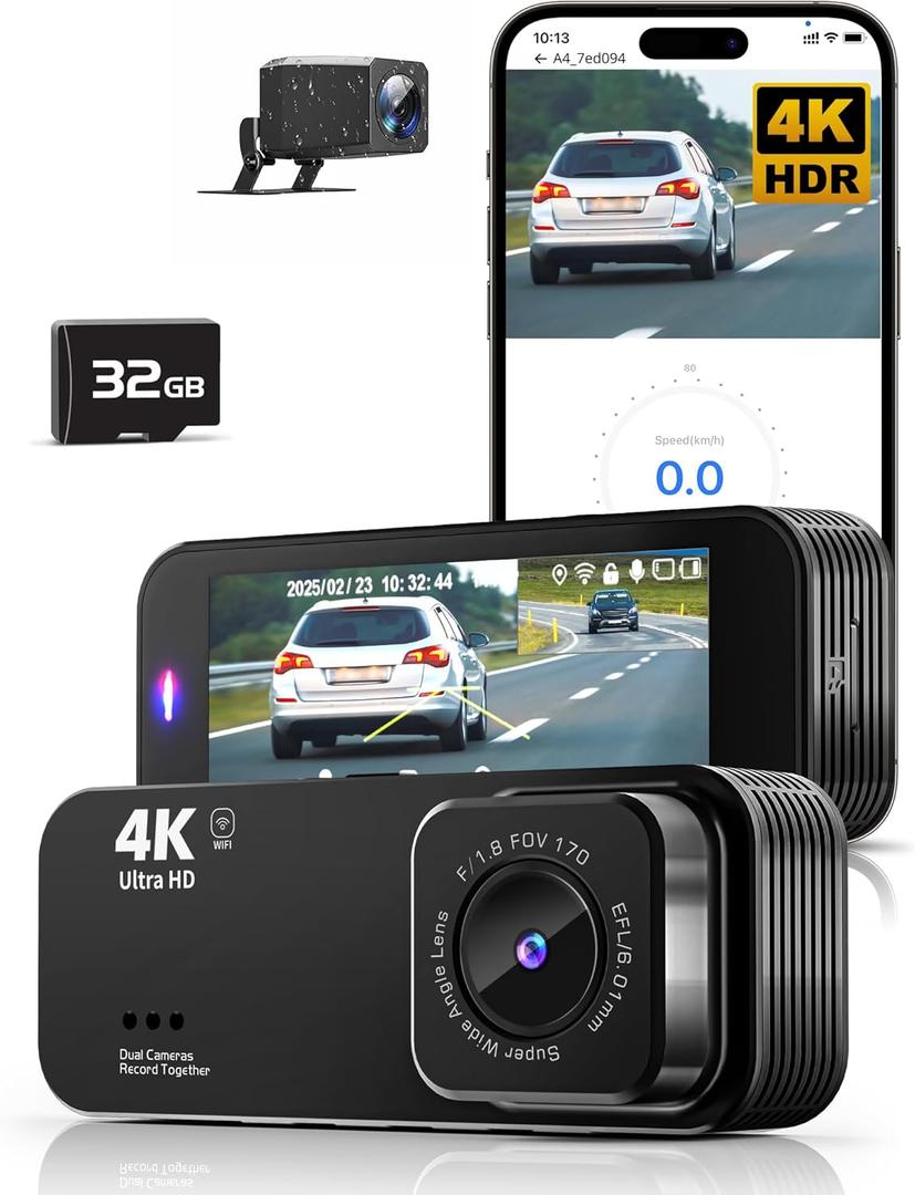 Dash Camera for Cars, 8K Ultra HD Dash Cam Front and Rear, Dash Cam with App Control, 32GB Card, Built-in Wi-Fi & GPS, 3.16”IPS Screen, 170°Wide Angle, WDR, Night Vision, 24H Parking Mode