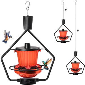 Retractable Hummingbird Feeder, 19oz Top-Fill Wide Mouth with Height Adjustment, UV-Resistant ASA Plastic, 100% Leak-Proof Base& Dishwasher Safe Feeders for Outdoor Hanging, Black