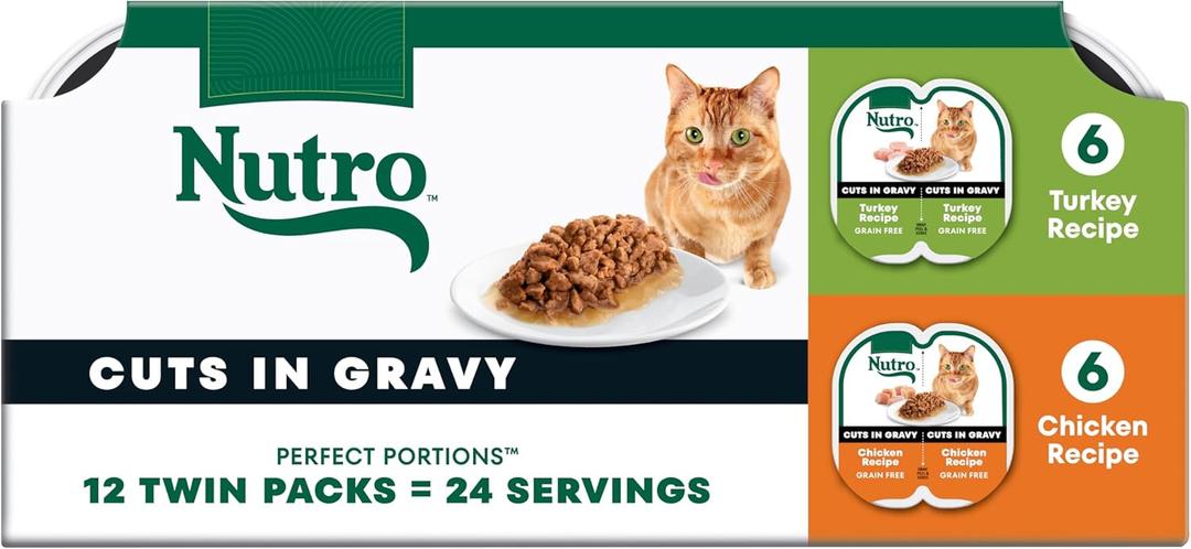 Nutro Perfect Portions Wet Cat Food Gravy Cuts Variety Pack, Cat Food Wet Recipe, Turkey or Chicken Recipe, 2.6 oz. Twin-Pack Trays, 12 Pack (EXP 11/02/26)