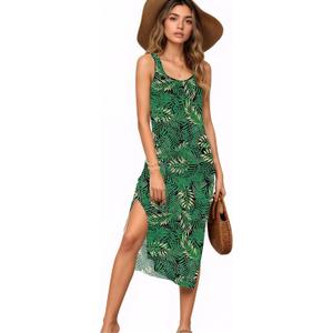 Women's Summer Midi Dress 2025 Sleeveless Floral Print Split Casual Bodycon Long Beach Sundress Travel Vacation Outfits (XXL)