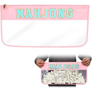 American Mahjong Tile Bags with Zipper Pink, Transparent Mahjong Bags for Tiles and Racks, Empty Waterproof Mahjong Storage Case, Portable PVC Travel Size Pouch for Game Accessories Bag Only