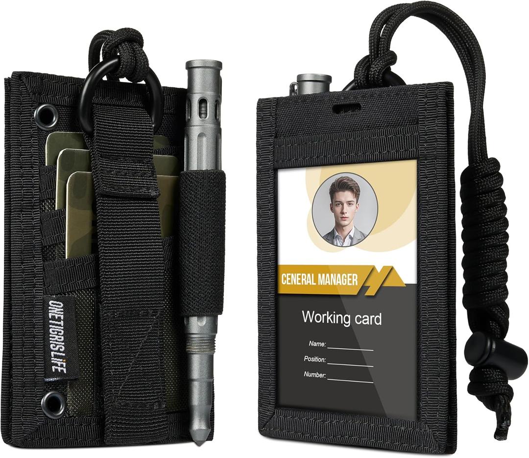 OneTigris Tactical ID Card Holder Hook & Loop Patch Badge Holder Neck Lanyard Key Ring and Credit Card Organizer (Black)