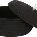 Sea Team Round Cotton Rope Storage Basket with Lid, Decorative Woven Storage Bin, Pot, Caddy, Organizer, Container for Snacks, Towels, Plants, 10 x 4.5 Inches (Small, Shallow, Black)