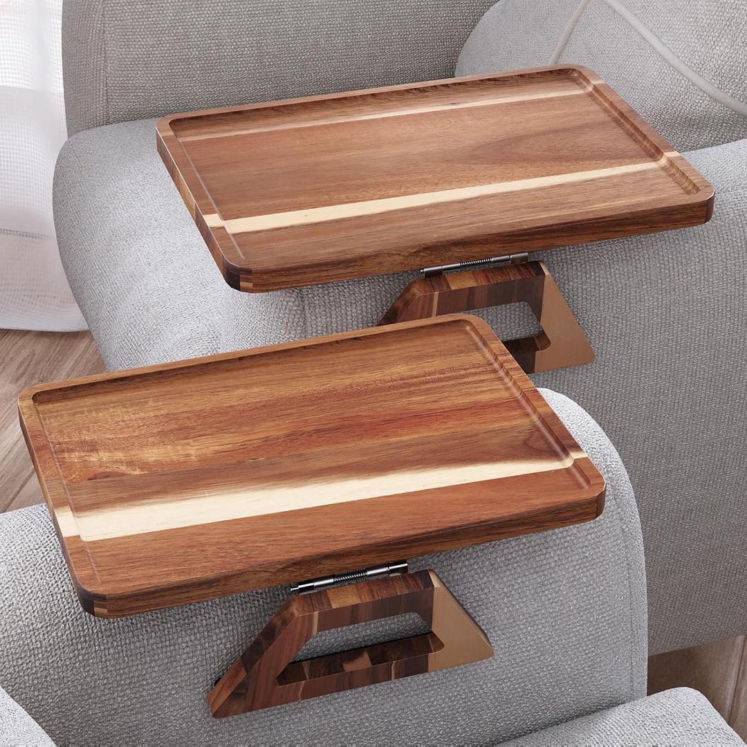 Danfoxer 2 Pack Acacia Wood Couch Arm Tray,Couch Tray,Folding Sofa Armrest Trays,Couch Arm Table Clip-On Couch Desk for Drinks,Snacks,Phone,Remote Control