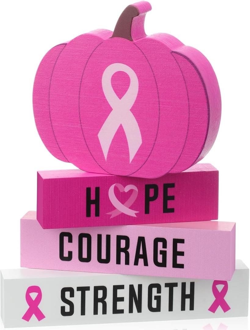 4 Pcs Breast Cancer Awareness Table Centerpiece Decorations Pink Ribbon Tiered Tray Decor Wooden Pumpkin Block Signs for Fight Breast Cancer Charity Party Supplies