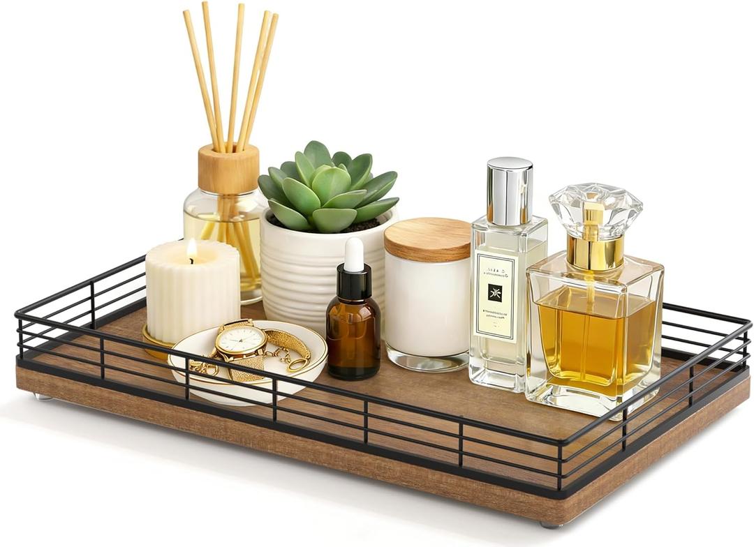 Large Bathroom Vanity Tray 13" x 8" Acacia Decorative Wooden Tray for Bathroom Countertop & Vanity Organizer, Wood Tray for Perfume, Skincare Accessories Storage Vanity Dresser Decor Black & Acacia