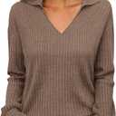 KIRUNDO Long Sleeve Shirts for Women 2025 Fall Fashion Outfits Going Out Tops Collar V Neck Blouses Ribbed Knit Loose Tunic (Small, Brown)