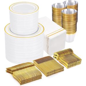 GATHER 700PCS Gold Plastic Plates - Whtie and Gold Disposable Dinnerware Sets 100Guest - 200 Disposable Plate, 300 Plastic Silverware, 100 Cups, 100 Napkins for Wedding & Party