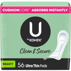 U by Kotex Ultra Thin Pads, Clean & Secure, Heavy Absorbency, 56 Count 