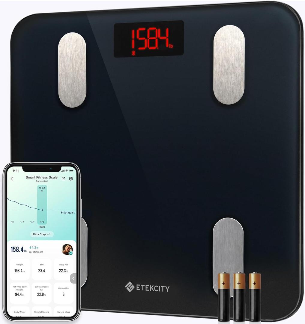 Etekcity Smart Scale for Body Weight, Digital Bathroom Weighing Machine Fat Percentage BMI Muscle, Accurate Composition Analyzer People, Bluetooth Electronic Measurement Tool, 400lb (Black-Deep)