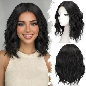 Eawwii Black Short Wavy Wig for Women Lace Hairline Bob Style Synthetic Heat Resistant - Natural Appearance for Everyday Hairstyle 14 Inch