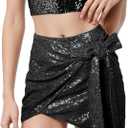 Womens Mini Wrap Skirt | Sparkling Sequin Bow Knot Boho High Waisted Skirts Skort Dress for Party Concert Trendy (XL)
