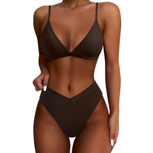 SUUKSESS Women Triangle High Cut Bikini Sets Sexy High Waisted 2 Piece Swimsuit (XX-Large, 57 Dark Brown)