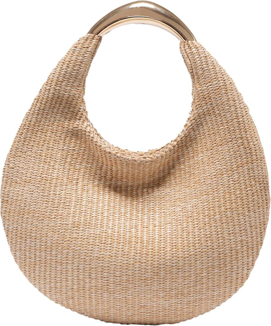 Straw Bag for Women, Boho Chic Woven Hobo Tote Handbag, Handmade Straw Crescent Purse, Lightweight Summer Beach Shoulder Bag (Apricot)