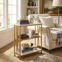 Narrow Side Table, End Table with 3 Tier Storage Shelves, Industrial Rustic Accent Skiny End Tables for Small Spaces, Slim Couch Beside Table, Small Hallway Table for Living Room (White+Gold)