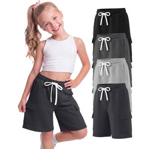 4 Pack Girls' Cargo Bermuda Shorts | Drawstring, Casual, Knee Length Pants, Baggy Shorts, with Pockets, Summer Pants for Kids 5-16 Years (Black)