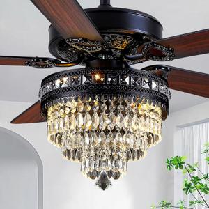 Crystal Chandelier Ceiling Fan with Lights and Remote, Farmhouse Fandelier with 3-Light, Quiet Chandelier Fan for Living Room Bedroom - Reversible AC Motor, 3-Speed, Wood Blades, Timing (52" Black)