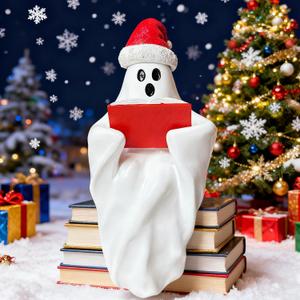 Mtruil Christmas Figurine Cute Funny Figurines with Xmas Hat Read a Book Design Unique Ghost Xmas Indoor Decorations for Christmas Decor Home OfficeTable Bedroom Desktop Display Ornaments 1 PCS