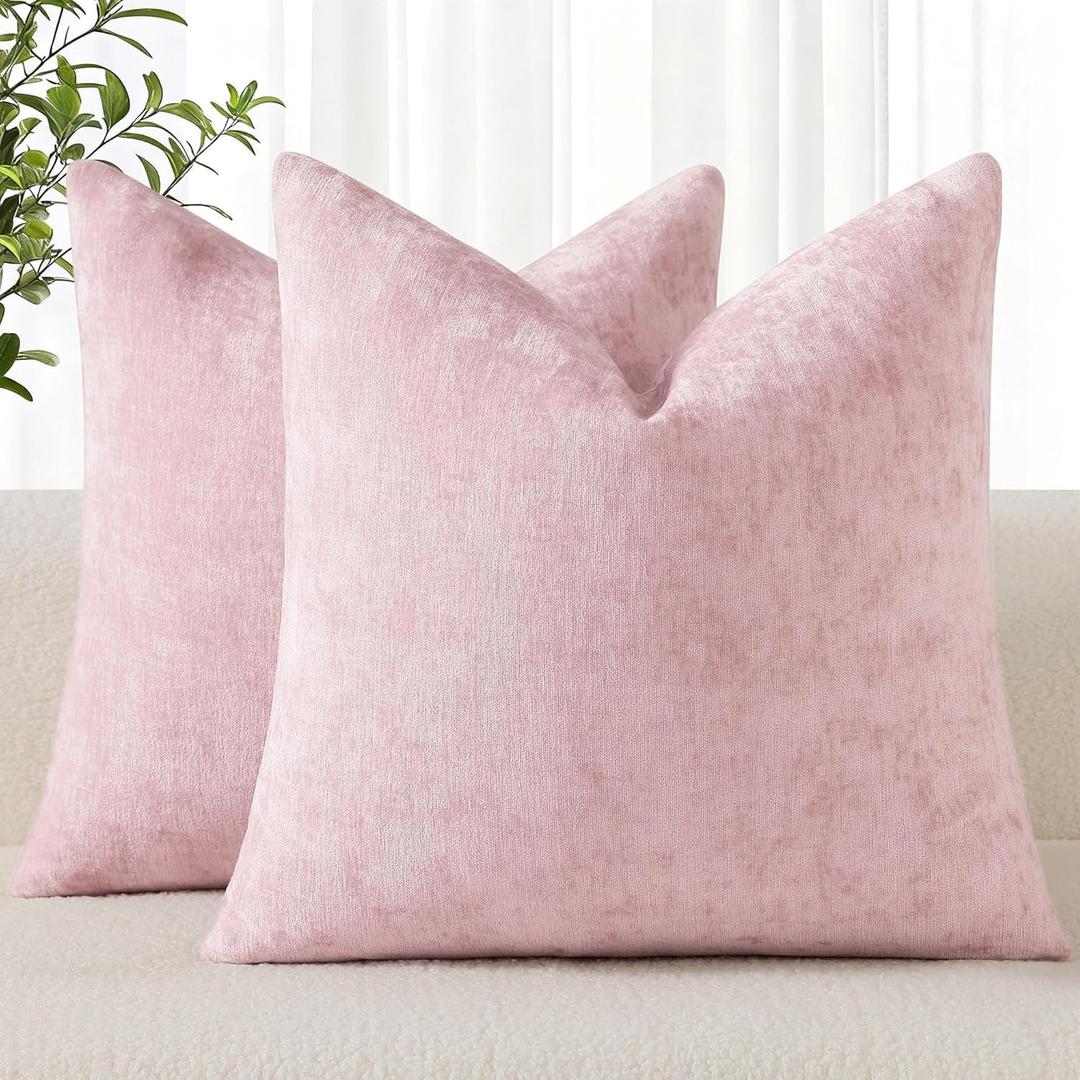 decorUhome Chenille Blush Pink Summer Throw Pillow Covers 18x18 Inch Set of 2, Decorative Soft Couch Pillow Covers Solid Dyed Accent Farmhouse Neutral Square Pillow Cases for Sofa