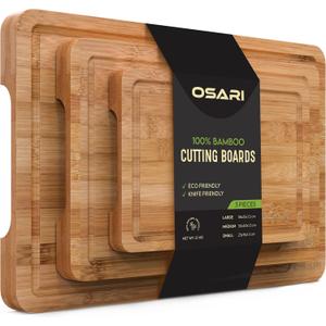Bamboo Cutting Boards Set of 3 - Sustainable Kitchen Boards with Juice Grooves & Built-In Handles, Knife-Friendly for Charcuterie, Serving & Meal Prep