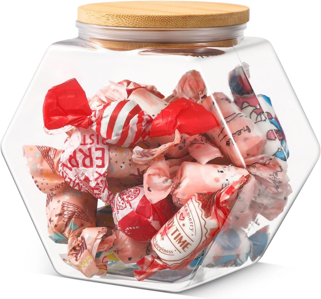 Pickmesh 70 oz Hexagonal Plastic Candy Jar with Airtight Bamboo Lid Hexagon Cookie Jars Clear Containers for Kitchen Storage Snacks, Dog Food, Coffee Pod, Laundry Pod(Top Mouth Hexagon, 1 Pc)