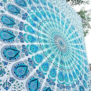 Bless International Handmade Indian hippie Bohemian Psychedelic Peacock Mandala Wall hanging College Dorm Beach Throws Table Cloth Bedding Tapestry (Peacock Sky Blue, King(88x104Inches)(225x265Cms)) (104L" x 88W")