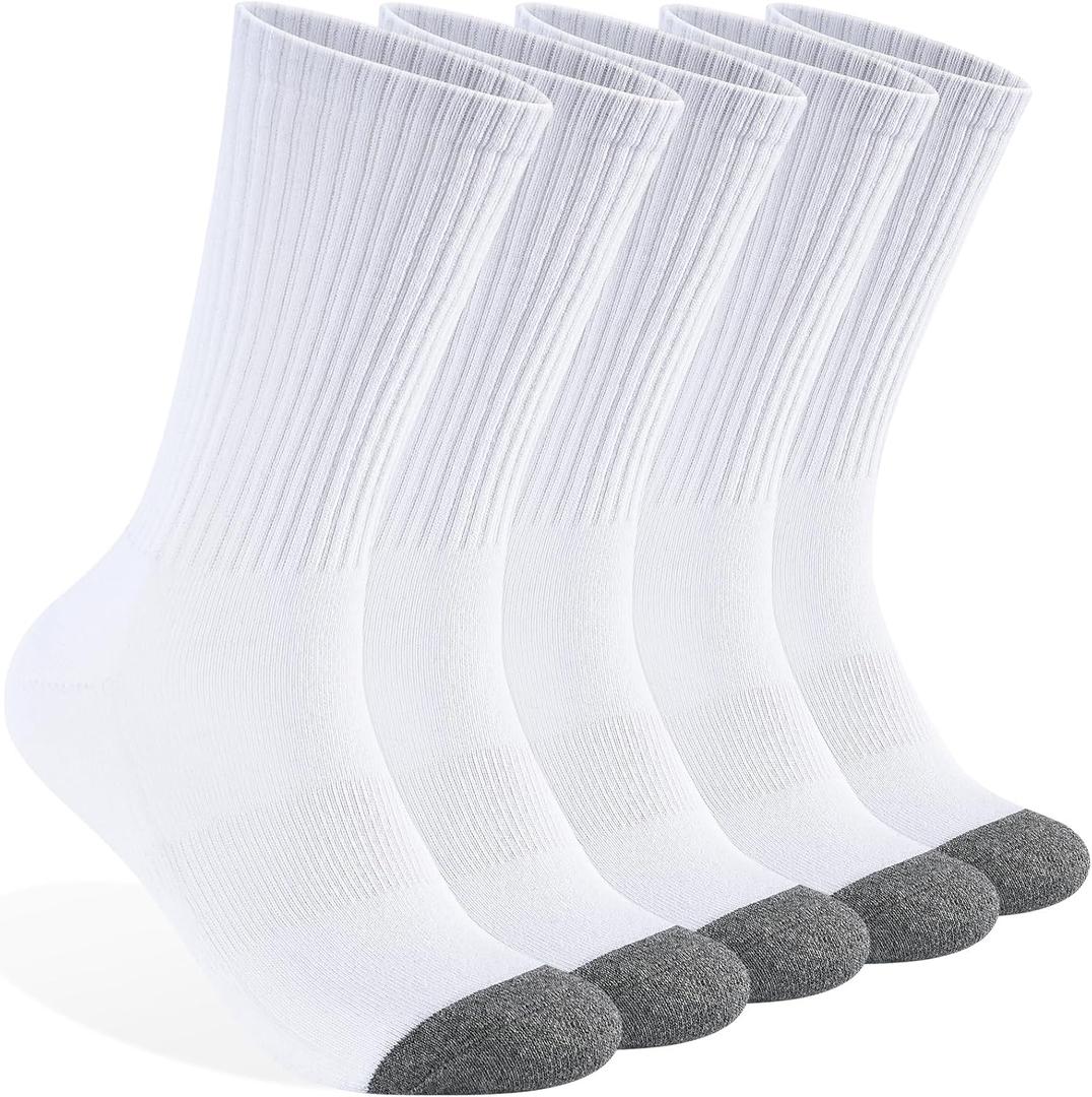 Monxiery Mens Cotton Cushioned Crew Socks, Athletic Performance Moisture Wicking Work socks (White)