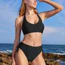 MOOSLOVER Women Halter Bikini Sets Drawstring High Cut Two Piece Swimsuit Tummy Control Bathing Suit(M, Black) (Black, M)
