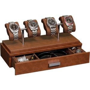 ROTHWELL Luxury Watch Display Case for 4 Watches Leather Watch Box with Acrylic Cover and Removable Slide in Cushions Accessory Drawer with Multiple Configurations (Tan/Brown)