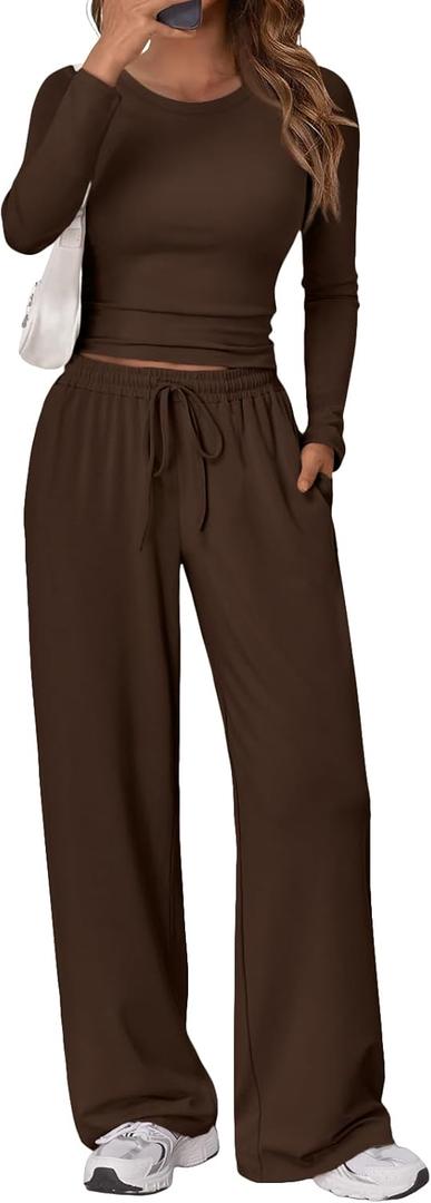 Trendy Queen Women's 2 Piece Matching Lounge Set Long Sleeve Side Ruching Top Wide Leg Drawstring Pants Set with Pockets (Large, Coffee)