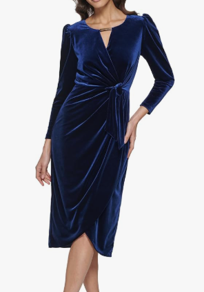Kensie Womens Long Sleeve Velvet Faux Wrap Midi Dress, Size 2, Navy
