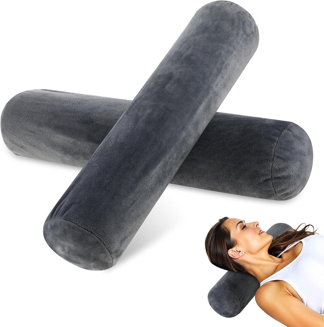 2PCS Neck Roll Pillow Cover, Gray Neck Roll Pillow Cover with Zipper, Round Neck-Pillow Case for Sleeping Support, Bed, Legs, Back and Yoga, Plush Washable Covers (4 Inch Diameter x 17 Inch Long)