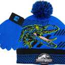 Jurassic Park Winter Hat and Snow Gloves for Boys and Toddlers, 2 Pc. Set, Pom-Pom Beanie with Blue Velociraptor (5-13 Years)