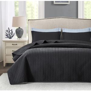 Maple&Stone Quilt Set Queen Size, Lightweight Black Bedspread Ultrasonic Chevron Pattern Light Coverlet for All Season Comforter Bedding Decor - 3 Piece Full Bed Cover Sets (Full/Queen (90'' x 96''))