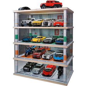 Diecast Car Model Display Case 4 Tiers 1:24 Scale,with LED Light and Acrylic Dust Cover Toys Car Model Display Stand ,Parking Lot Scene Hot Diecast Wheels Collectible Car Model Storage Cabinet