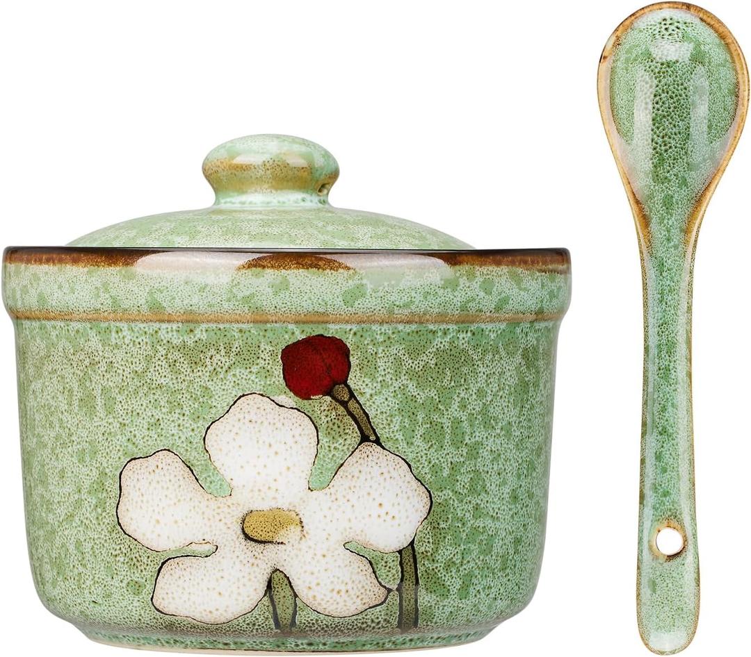 Handmade Ceramic Sugar Bowl with Lid and Spoon, 9oz Porcelain Condiment Jar with Hand-Painted Floral Design, Colorful Seasoning Container for Sugar, Salt, Spices Kitchen (Green)