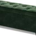 Storage Ottoman Bench, 43 Inch Foldable Ottoman with Legs, Velvet Foot Rest Stool, End of Bed Bench, Storage Chest for Living Room, Bedroom (Green)