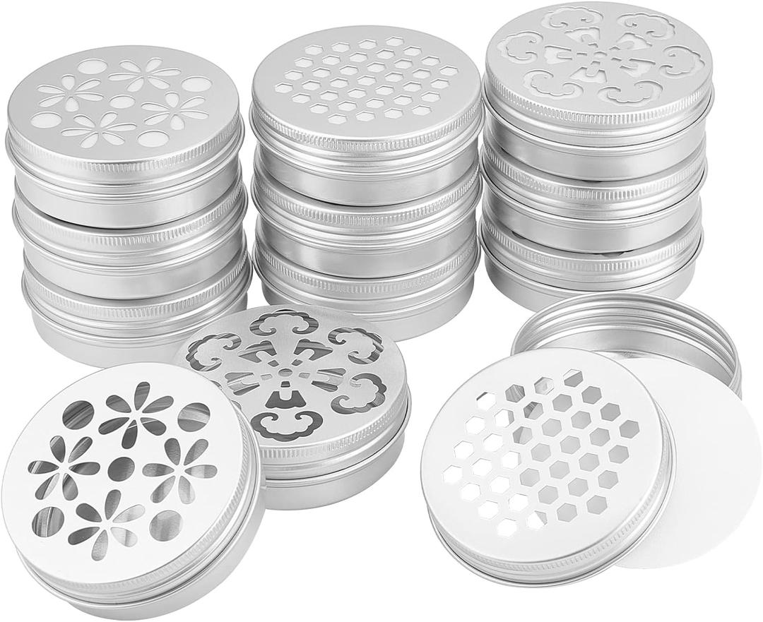 PH PandaHall 2 Ounce Aluminium Tins, 12pcs 3 Styles Empty Storage Containers with Hollow Lids 60ml Screw Lid Round Jars Sample for Aromatherapy Air Freshener Candles Travel Storage