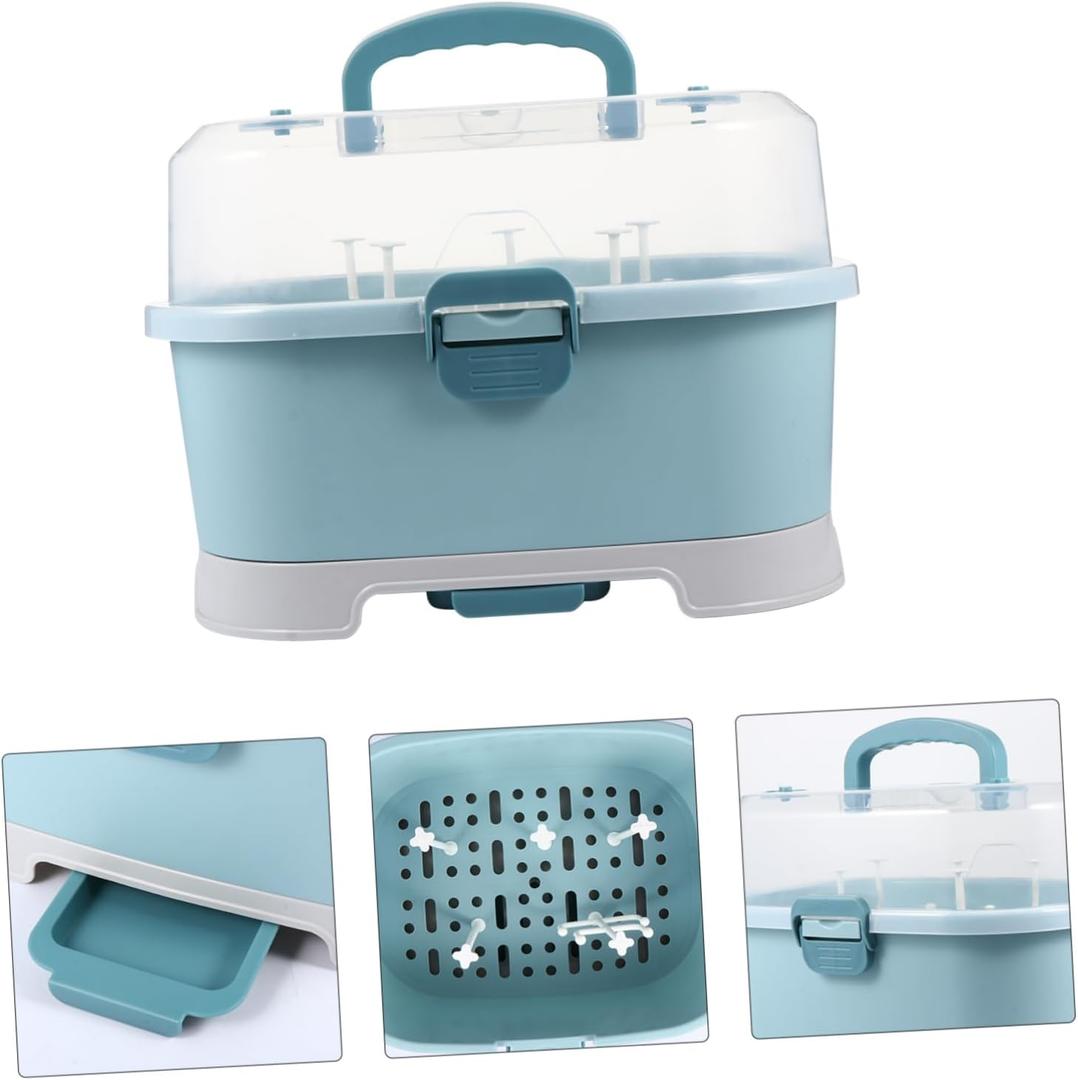 NUOBESTY Baby Bottle Drying Rack with Cover Portable Nursing Bottle Storage Box Baby Bottle Holder Dinnerware Organizer for Home Kitchen Blue