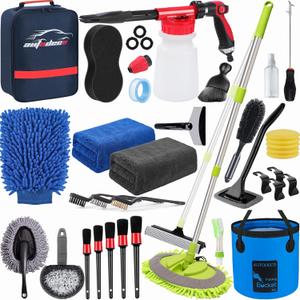 AUTODECO 42Pcs Car Wash Detailing Kit Cleaning Kits with Foam Gun Sprayer Wash Brush with Long Handle Collapsible Bucket Large Wash Mitt Towels Complete Interior Exterior Car Washing Supply Set Blue
