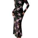 BTFBM Wedding Guest Dresses for Women Spring Fashion 2026 Bodycon Crew Neck Long Sleeve Boho Mesh Floral Maxi Fall Dress(Black Pink, X-Large) (XL)