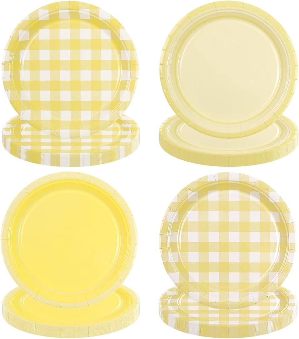 64PCS Yellow Gingham Paper Dessert Plates - 7 Inch Disposable Round Checkered Dinner Plates for Birthday Baby Shower Wedding Picnic Party Supplies, 4 Styles