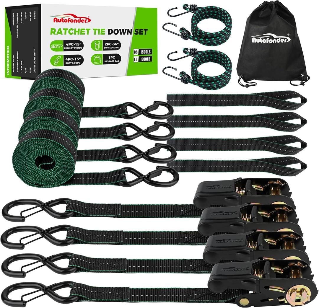 Heavy Duty Ratchet Tie Down Straps 1in x 15ft - 4 Pack Motorcycle Tie Downs with Soft Loops &Bungee Cords -1500LBS Break Strength - Cargo Straps with Safety Lock S Hooks for ATV, Dirt Bike