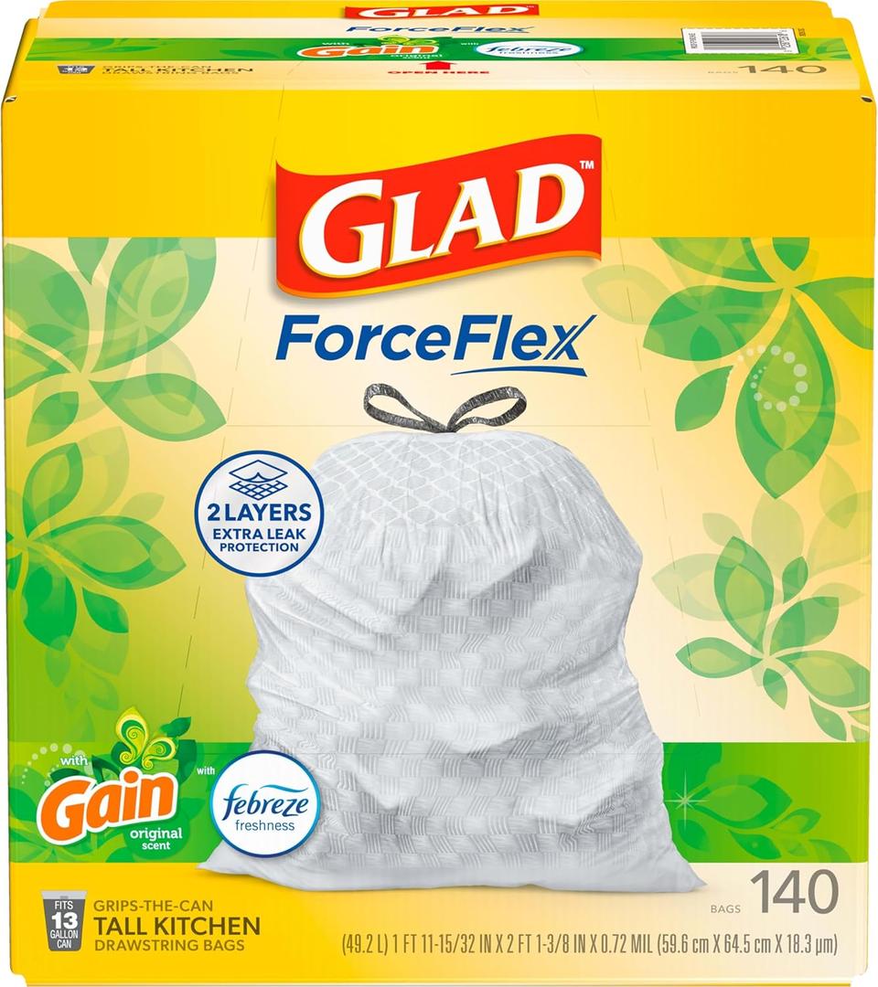 Glad ForceFlex Tall Kitchen Trash Bags, 13 Gallon, Gain Original, 140 Count