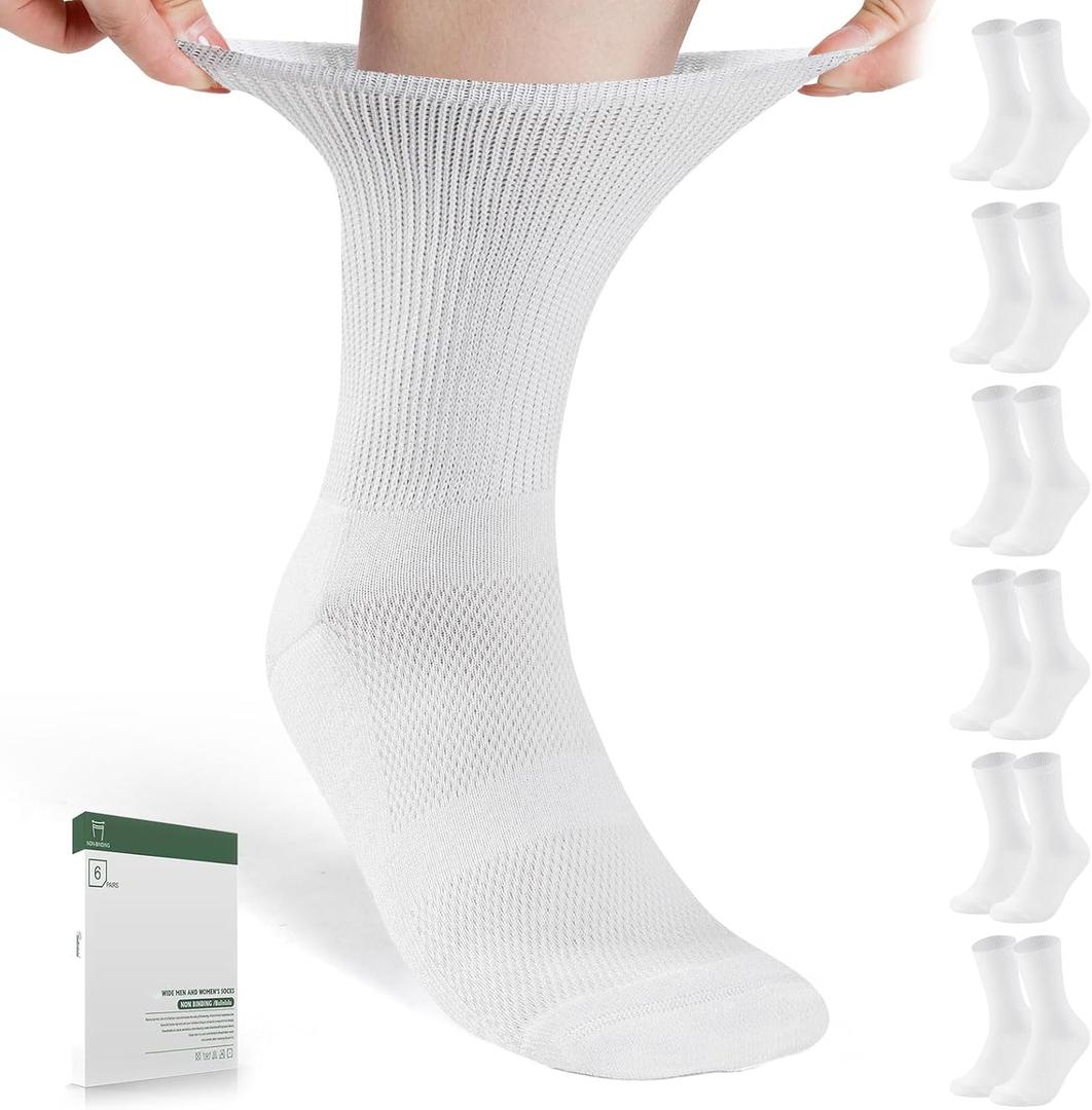 Bulinlulu Diabetic Socks for Men Women-6 Pairs Non Binding Crew Diabetic Neuropathy Socks with Seamless Toe for Size 6-9 9-12 (Medium, White)