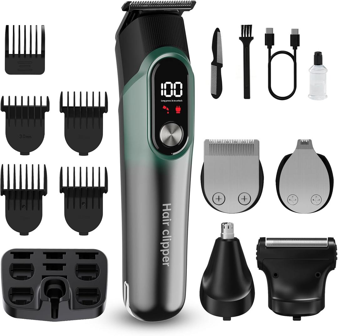 RUIBO Hair Clippers for Men Professional 5 in 1 Cord/Cordless Beard Nose Ear Body Grooming Hair Clipper Trimmer with Smart Charge Technology (Green)