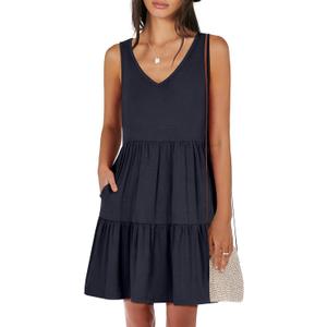 ANRABESS Womens Summer Casual Tank Dress Sleeveless V Neck T Shirt Sundress Flowy Tiered Swing Mini Beach Vacation Dresses (Medium)