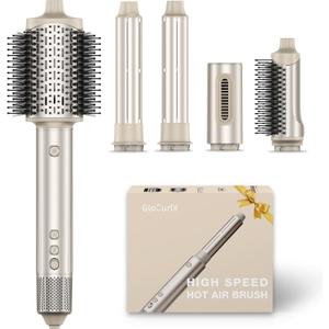 5-in-1 Hot Air Styler & Hair Dryer Brush, 110,000 RPM High-Speed Blow Dryer Brush with Auto-Wrap Curler, All-in-One Air Styling System for Easy Curl, Smooth & Volume, Champagne Silver