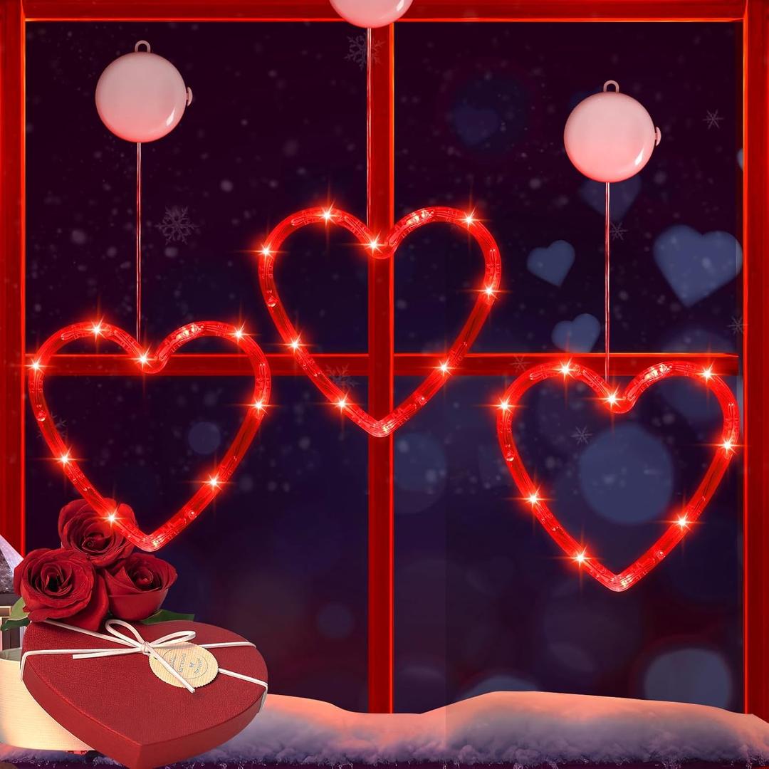 3 x 3Pcs Valentine's Day Window Lights, Red Heart Shaped Valentine's Day Window Decorations Battery Powered Hanging Romantic Lights with Suction Cup&Timer for Valentines Day Wedding Anniversary Home Decor